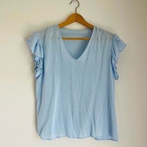 CeCe Women’s V-Neck Blue Short Ruffled Sleeve Blouse Top